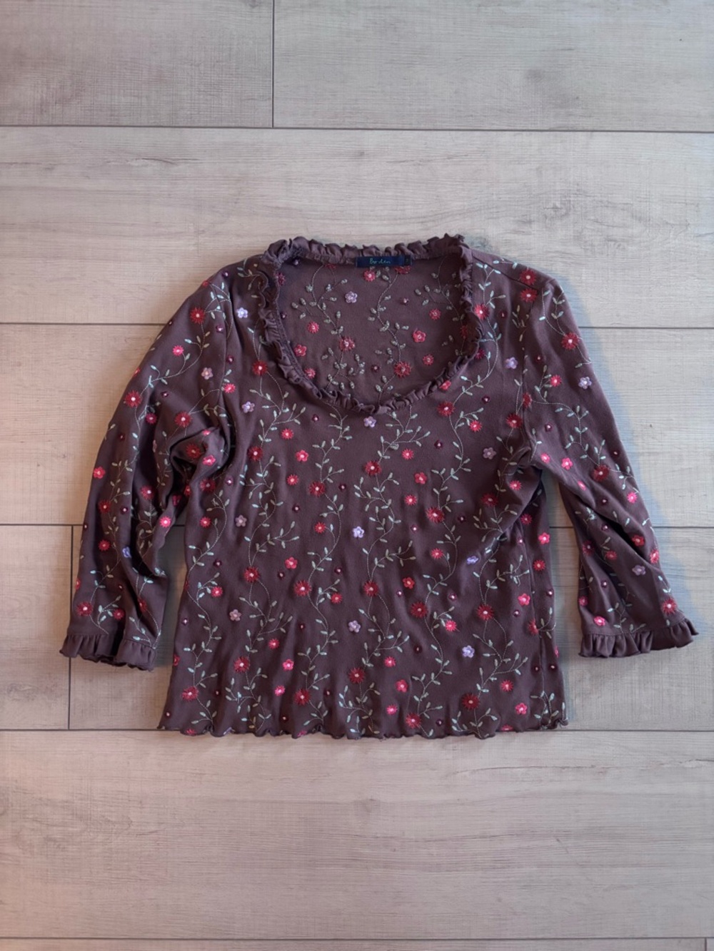 Boden Brown Floral Ruffle V-Neck Cottagecore Long Sleeve Top Size 14